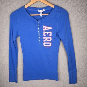 Y2K Aeropostale Henley Top Large Blue Logo Mall Girl Bella Swan Preppy Coquette